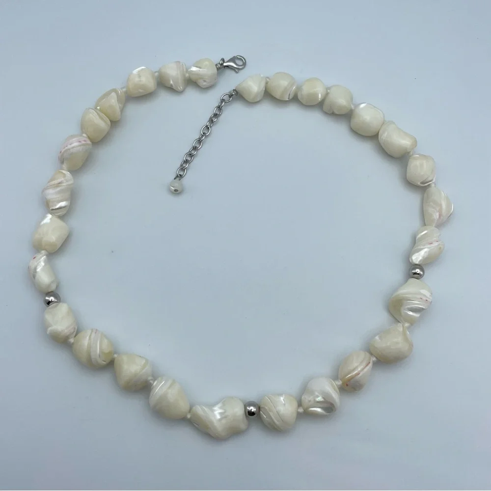 Hand-Knotted Mother of Pearl Nugget Necklace w/ Sterling Silver Accents